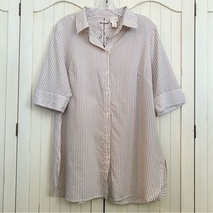 Chico’s Short Sleeve Blouse Lace Up Back Tan White Stripe Button Front Size 1